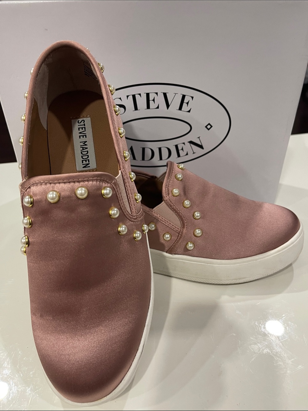 Steve Madden Rose Pink Satin Pearl-Studded Slip-On Sneakers
